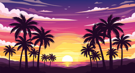 Obraz premium Stunning tropical evening scenery with a radiant sun descending into the ocean, framed by silhouetted palm trees creating an idyllic paradise