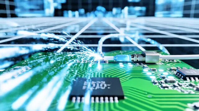 Close-up of a green circuit board with glowing connections and optical fiber cables