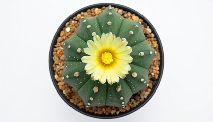 An overhead studio shot shows a potted star cactus with a yellow flower blooming, set against a clear white