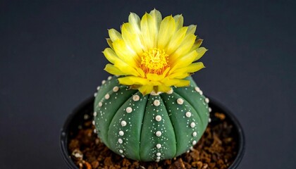 This image displays an Astrophytum cactus, notable for its round shape adorned with a vibrant yellow