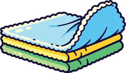 Stack Of Folded Clothes Blue Yellow And Green With White Trim Fabric Stacked Neatly Isolated On White Background Simple Cartoon Style