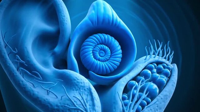 A blue anatomical illustration showing ear structures including the cochlea and other ear parts