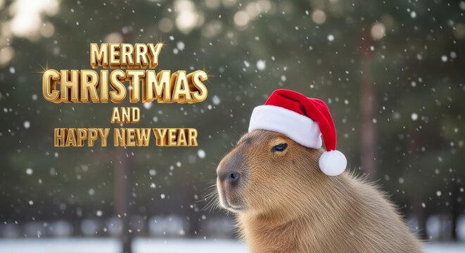 Capybara Wishes Merry Christmas and Happy New Year - A cute capybara wears a santa hat against a snowy forest background with golden text wishes