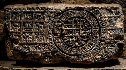 An ancient stone calendar, possibly mayan or aztec, is embedded in a wall, its intricate carvings and weathered surface hinting at a rich history and forgotten civilization