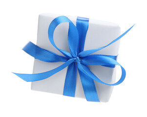 Beautiful gift box in air against white background