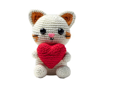 Adorable Crochet Kitten Holding Heart Valentine Toy on Transparent background