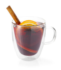 Tasty mulled wine with spices and orange slices in glass cup isolated on white