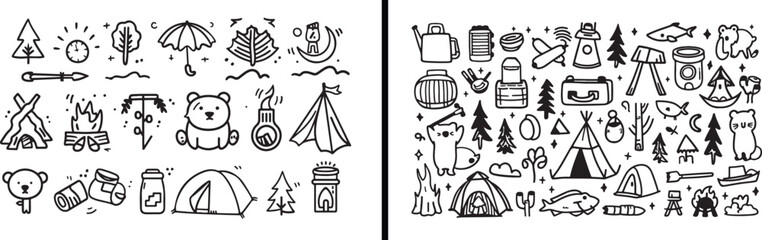 Camping Line Art, Outdoor Sketch Icons, Camping Equipment Illustration, Tent and Backpack Drawing, Hiking Outline Art, Travel Adventure Icons, Minimal Camping Design, Tourist Line Drawing, Nature Sket