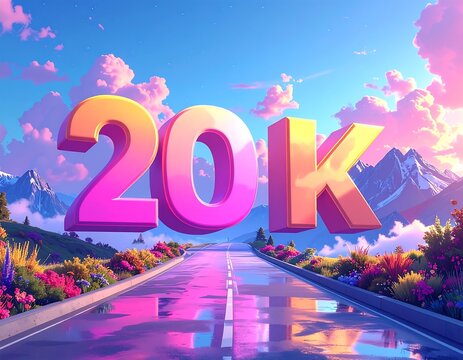 Pink, orange "20K" floats above a highway, mountains, and clouds