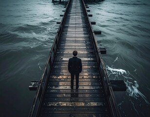 Solitary businessman on a long wooden pier over dark choppy water gazing at the unknown
