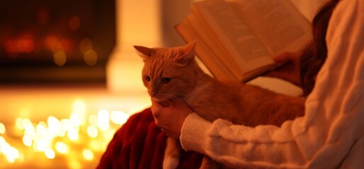 Woman with cute cat reading book near fireplace at home, closeup. Space for text