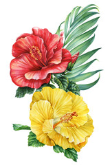 Bright tropical hibiscus flowers in red and yellow with palm leaves for exotic summer floral design