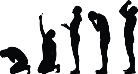 Set of five emotional human silhouettes showing stages of prayer, despair, worship, and sorrow isolated on white background, vector illustration for religious or mental health concept