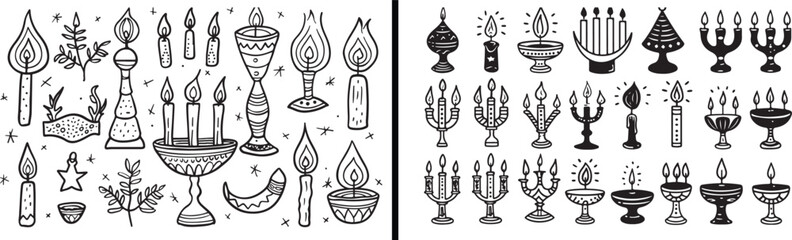 Candle Line Art, Lamp Outline Design, Vintage Candle Illustration, Decorative Light Drawing, Hand Drawn Candle Vector, Minimal Flame Art, Candle Holder Sketch, Festive Lamp Illustration, Black and Whi