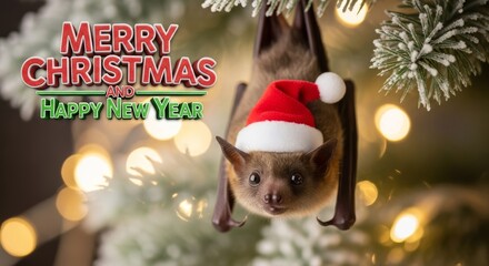 Christmas Bat with Santa Hat - A cute bat wearing a Santa hat hanging from a Christmas tree branch with festive bokeh lights in the background