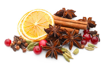 Different spices, cranberries and dry orange slices for mulled wine isolated on white