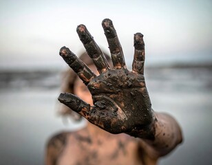 Mud-covered hand held up in a powerful stop gesture, symbolizing environmental connection,