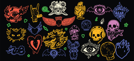 Neon Punk Tattoo Sticker Pack – Flaming Skulls, Cosmic Cats, Cactus Faces & Surreal Cartoon Icons