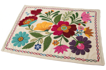 Vibrant Folk Art Floral Embroidery on White Fabric