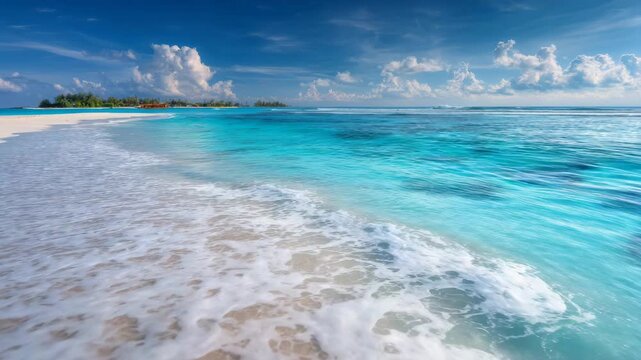 Tropical ocean wave crashing on sandy shore
