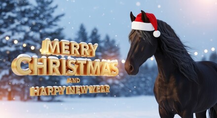 Christmas Horse in Winter Scene - A black horse wearing a Santa hat stands in a snowy winter scene with "Merry Christmas and Happy New Year" text overlay