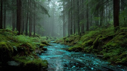 Obraz premium Forest stream circuit board technology landscape wallpaper