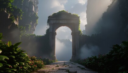 A tall monolithic gate surrounded by dense overgrown plants