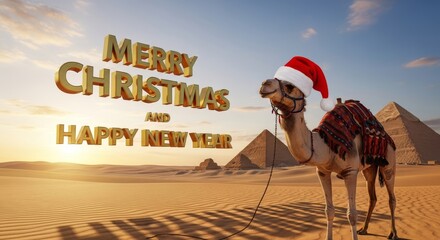 Christmas in Egypt with a Camel - A festive camel wearing a Santa hat in front of pyramids, wishing a Merry Christmas and Happy New Year