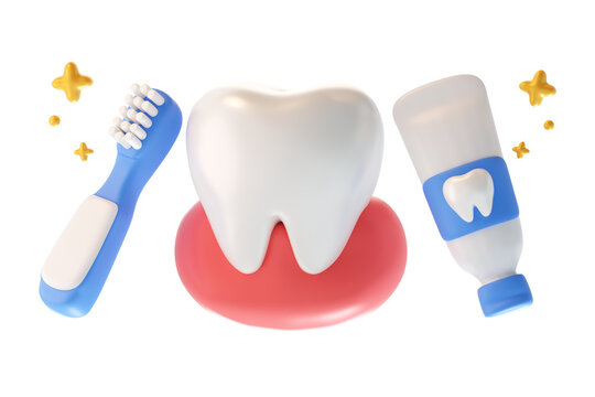Dental Care Set 3D Icon Toothbrush Toothpaste and Healthy Tooth