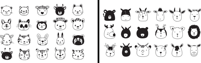 Cute Animal Faces, Cartoon Animal Illustration, Funny Pet Drawing, Vector Animal Icons, Hand Drawn Animal Art, Minimal Animal Design, Adorable Creature Sketch, Funny Face Characters, Animal Outline Ar