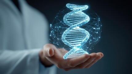 Hand Holding 3D Representation of DNA Helix in a Scientific and Futuristic Environment