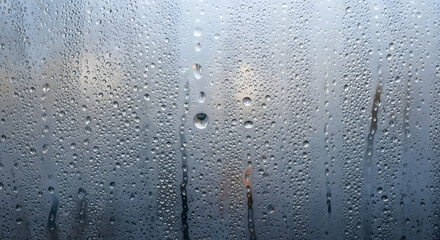 Close-up of water droplets on a glass surface, suggesting condensation or a steamy environment
