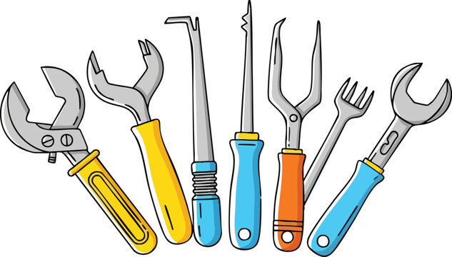 Assortment Of Hand Tools With Colored Handles On A White Background