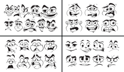 Face Expressions Drawing, Cartoon Emotions Art, Character Faces Illustration, Funny Expression Design, Cute Smile Sketch, Hand Drawn Face Vector, Kids Cartoon Emotions, Black and White Face Sketch, Ch