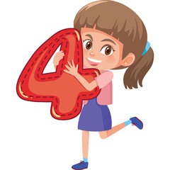 Happy Young Girl With Brown Hair And Ponytail Holding Red Number Four In Front Of Transparent Background