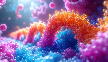 The image displays a stylized, colorful depiction of a cell structure or a microscopic