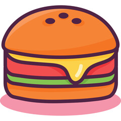 Illustration of a delicious cheeseburger with a bright orange bun green lettuce and red tomato with yellow melted cheese dripping down on a transparent background
