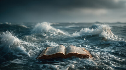 Bible floats on turbulent sea waves, surrounded by splashes of water under moody sky. scene evokes sense of calm amidst chaos, symbolizing hope and faith