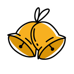 Golden Christmas bells illustration for holiday decor. Hand-drawn golden bells with ribbon perfect for festive designs, Christmas themes, winter decorations, and traditional seasonal vector artwork.
