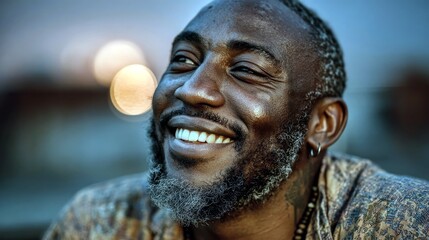 A close-up, outdoor portrait captures the joyful expression of a Black man with a salt-and-pepper beard, a silver hoop earring, and a patterned shirt.