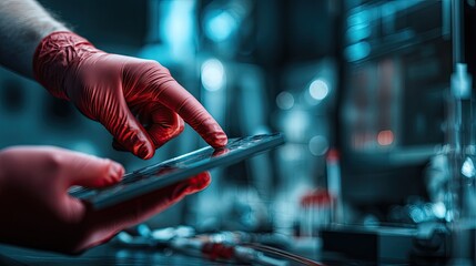 Doctor Using Digital Tablet in Lab with Red Gloves to Analyze Medical Data and Research Results in a High-Tech Environment
