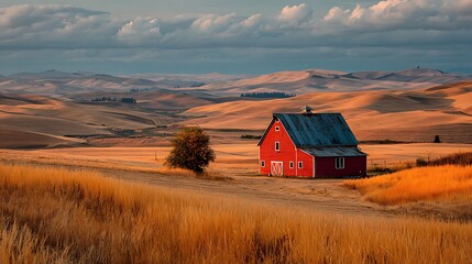 Scenic view of a red barn in a golden field with rolling hills under a cloudy sky, evoking a sense of tranquility and rustic beauty