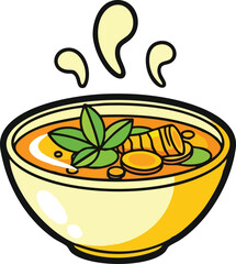 Cartoon Style Bowl of Steaming Hot Curry Soup With Green Leaves and Sliced Vegetables On White Background