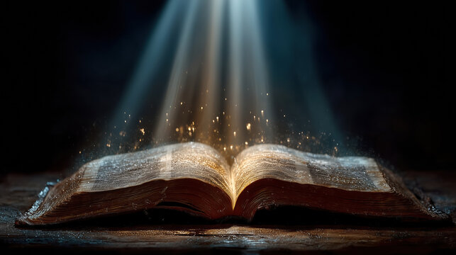 Open Bible radiates warm glow, surrounded by shimmering light and sparkling particles, creating serene and mystical atmosphere. intricate details of pages enhance sense of reverence and wonder
