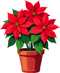 Bright red poinsettia plant with vivid green leaves in a simple pot, beautiful Christmas flower illustration ideal for holiday cards, winter decor, festive prints and seasonal botanical artwork