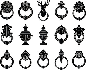 Collection of fifteen vintage black door knocker silhouettes, antique metal handles, and decorative architectural elements isolated on white background for vector design