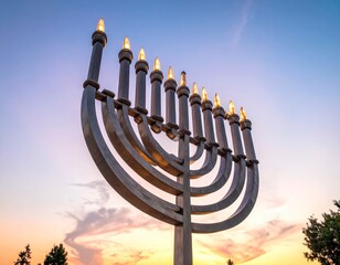 Grand menorah illuminated at dusk, celebrating the festival of lights under a vibrant sunset sky