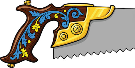 Vintage Hand Saw with Ornate Wooden Handle and Brass Fittings