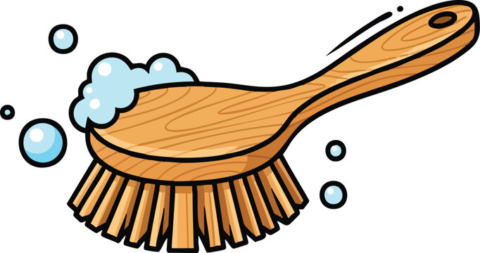 A Wooden Scrub Brush With Light Blue Bristles Covered In Soap Bubbles And Water Droplets Isolated On White Background