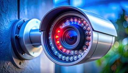Close-up of modern outdoor CCTV camera with infrared LEDs and metallic housing in cool blue lighting, showcasing advanced security technology.
